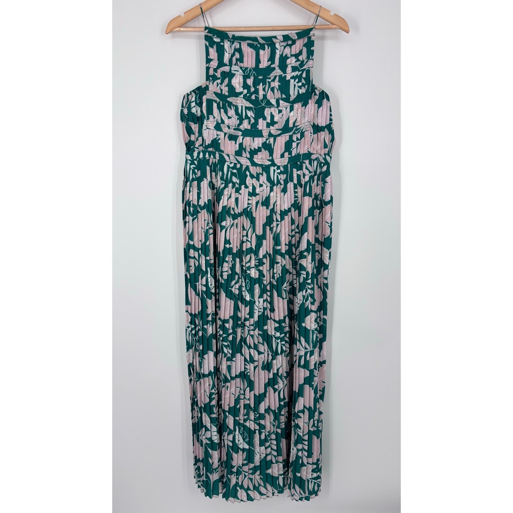 Current Air Pleated Floral Leaf Print Maxi Dress Womens XS Emerald Pink